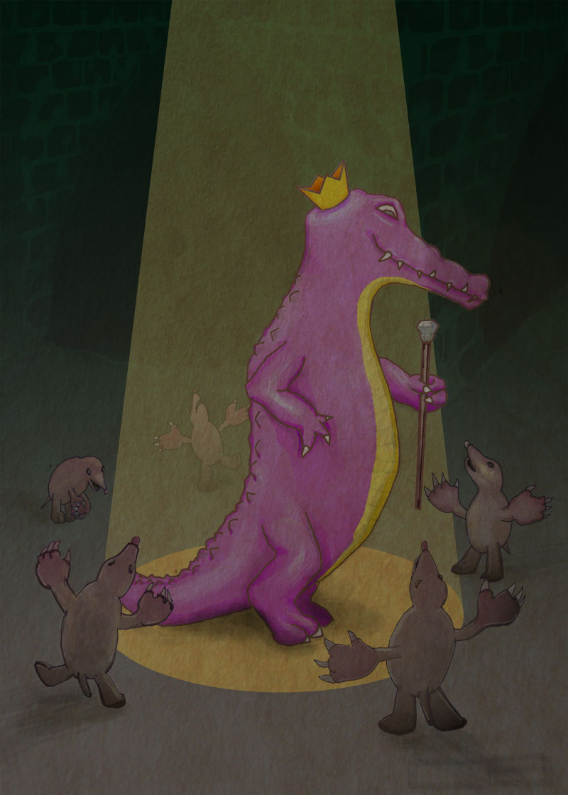 The purple alligator is the kinder, gentler ruler of the underground.